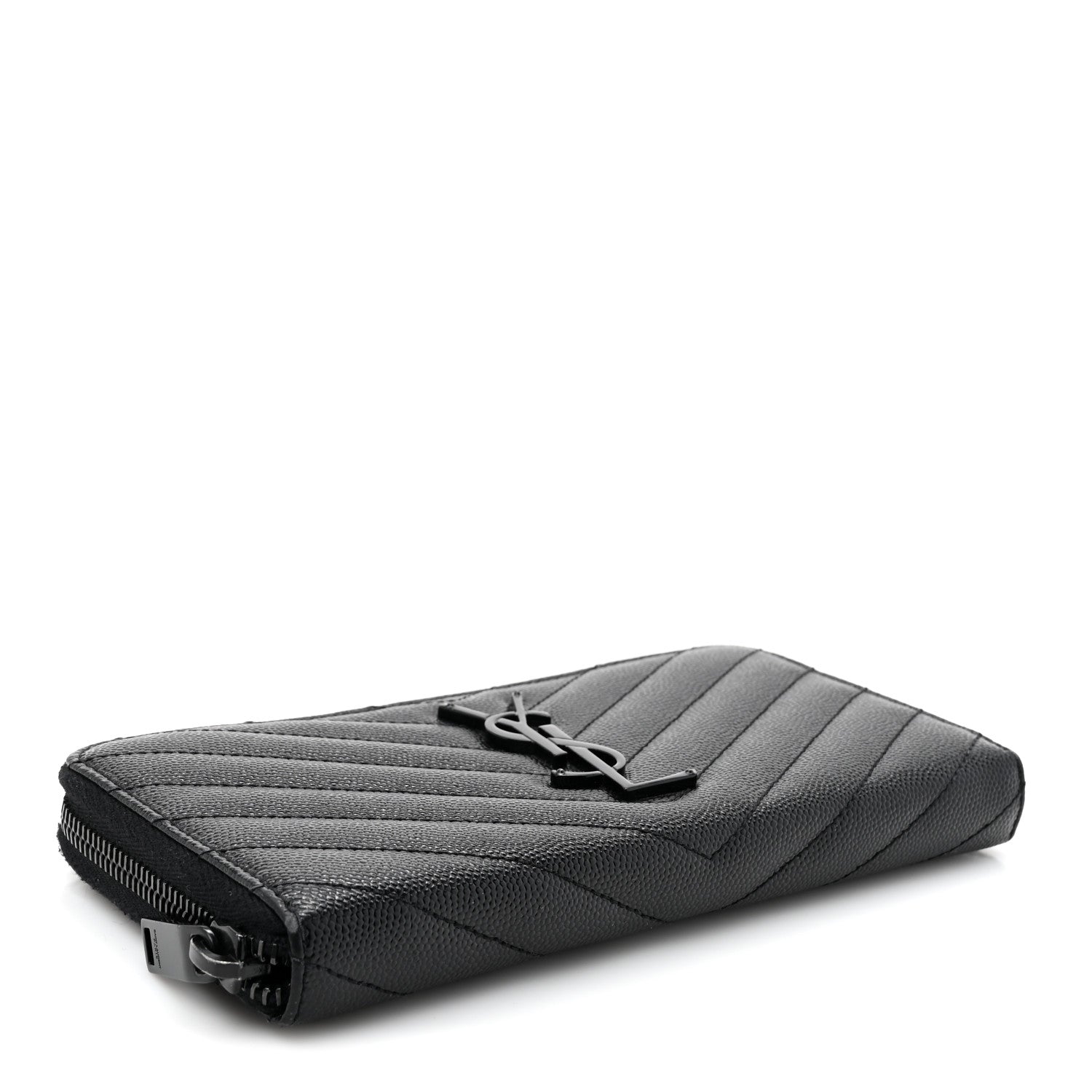 Saint Laurent Grain De Poudre Matelasse Chevron Monogram Monochrome Zip Around Wallet Black 4 of 12