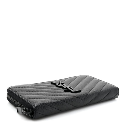 Saint Laurent Grain De Poudre Matelasse Chevron Monogram Monochrome Zip Around Wallet Black 4 of 12