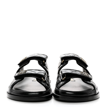 Chanel Lambskin Quilted Velcro Dad Chain CC Slide Sandals 39.5 Black 2 of 10