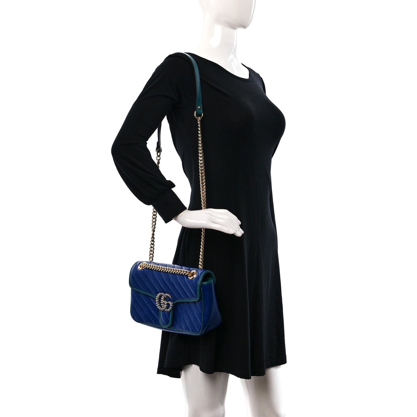 Azalea Calfskin Enamel Matelasse Diagonal Small Torchon GG Marmont Shoulder Bag Imperial Blue Pavone