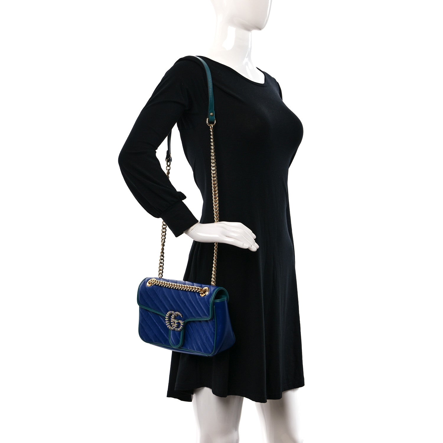 Gucci Azalea Calfskin Enamel Matelasse Diagonal Small Torchon GG Marmont Shoulder Bag Imperial Blue Pavone 2 of 9