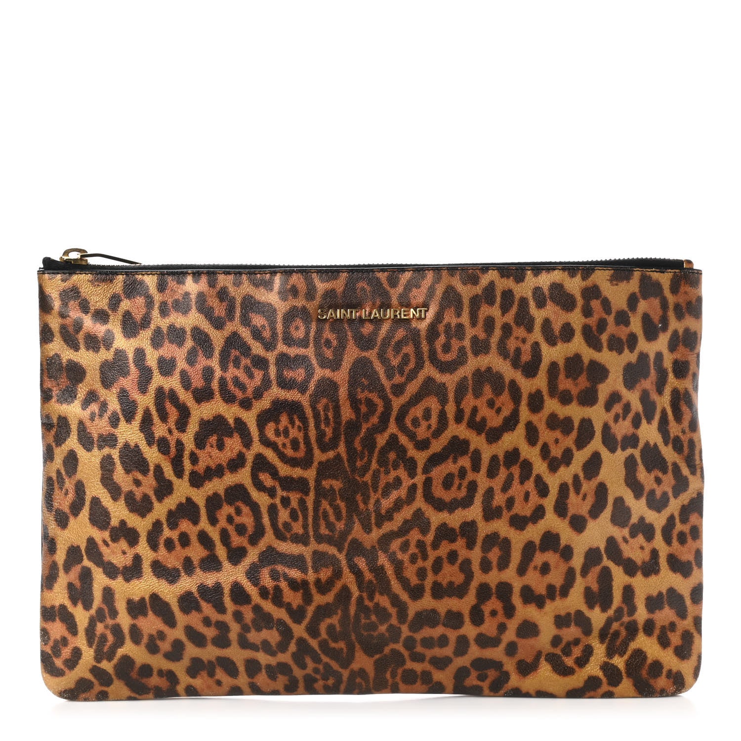 Saint Laurent Metallic Calfskin Leopard Printed Letters Monogram Zip Clutch 1 of 11