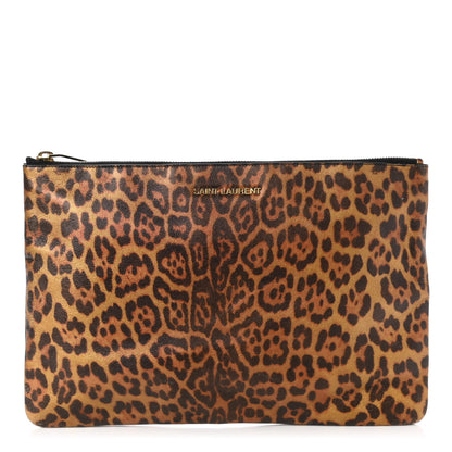 Saint Laurent Metallic Calfskin Leopard Printed Letters Monogram Zip Clutch 1 of 11