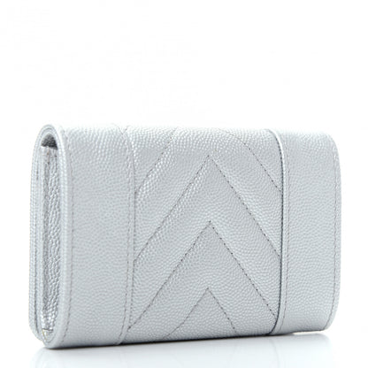 Chanel Metallic Caviar Chevron Quilted Vintage Mademoiselle Flap Card Holder Silver 3 of 9