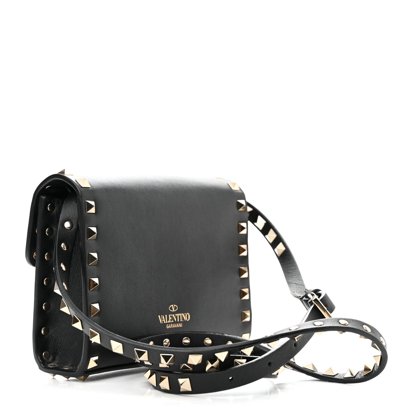 Vitello Mini Rockstud Flap Wallet on Strap Black