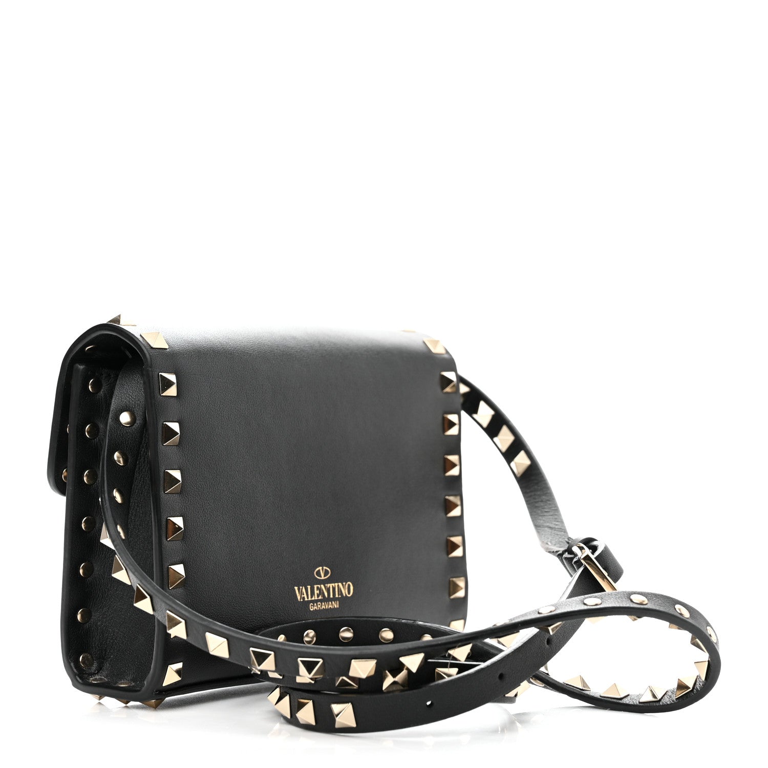 Valentino Garavani Vitello Mini Rockstud Flap Wallet on Strap Black 3 of 10