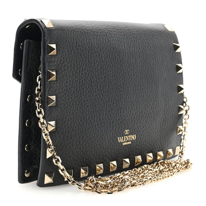 Valentino Garavani Pebbled Calfskin Rockstud Envelope Wallet on Chain Black 3 of 9