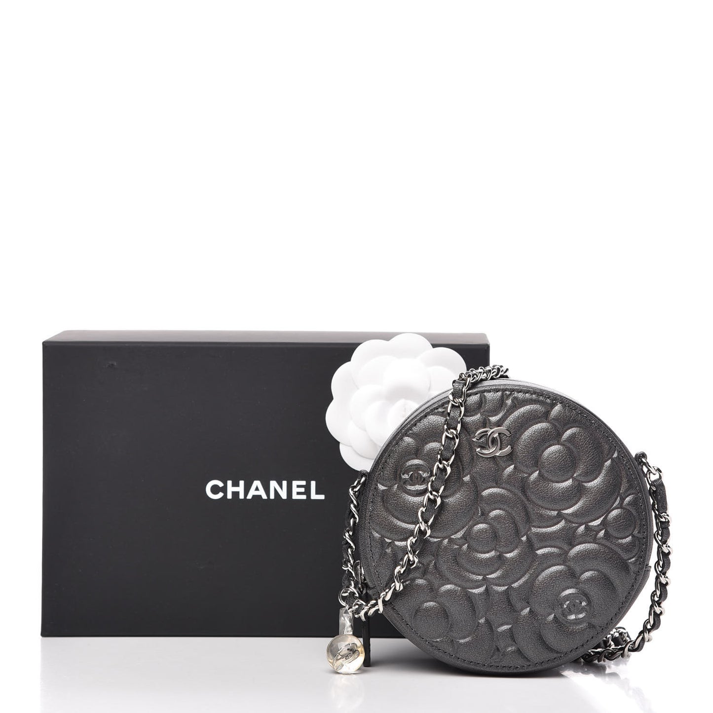 Goatskin Camellia Quilted Round Clutch With Chain Grey