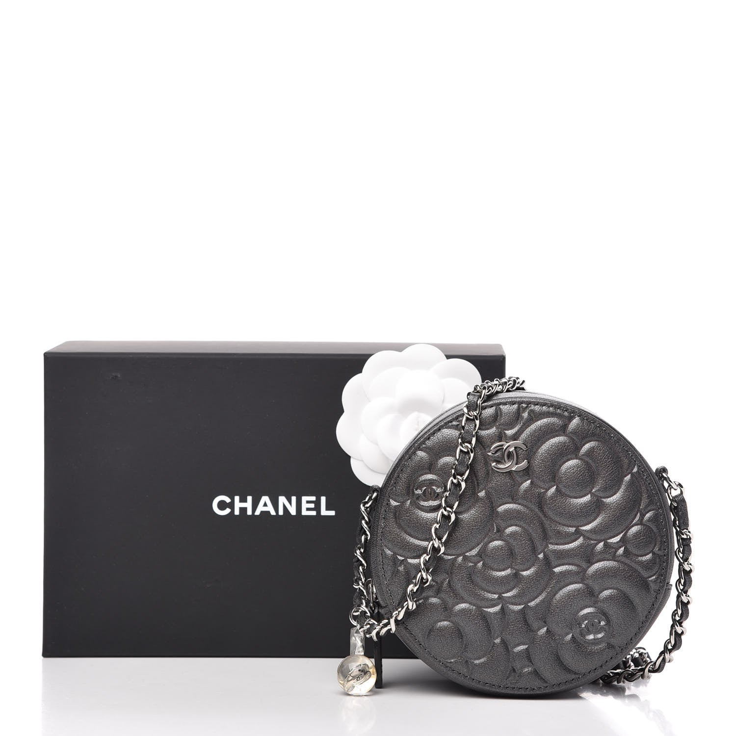 Chanel Goatskin Camellia Quilted Round Clutch With Chain Grey 10 of 10