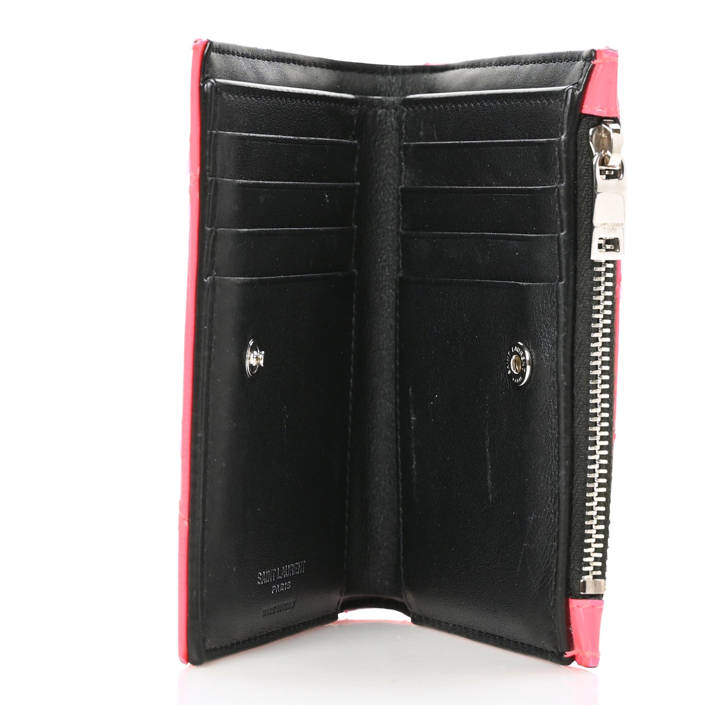 Patent Grain De Poudre Matelasse Chevron Monogram Zipped Two-Part Wallet Neon Pink