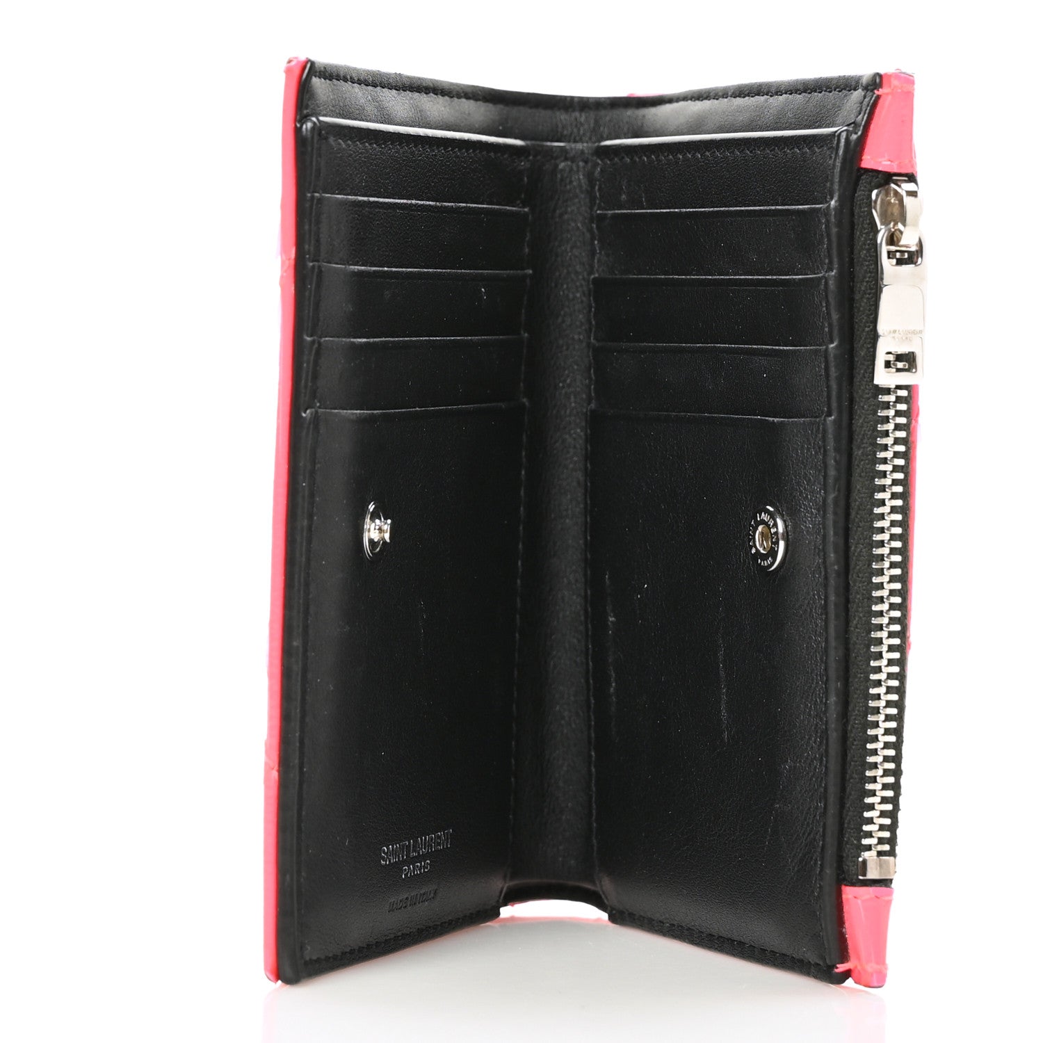 Saint Laurent Patent Grain De Poudre Matelasse Chevron Monogram Zipped Two-Part Wallet Neon Pink 5 of 7