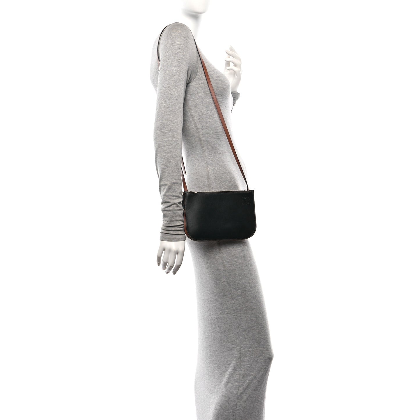 Calfskin Gate Double Zip Pouch Crossbody Black Tan