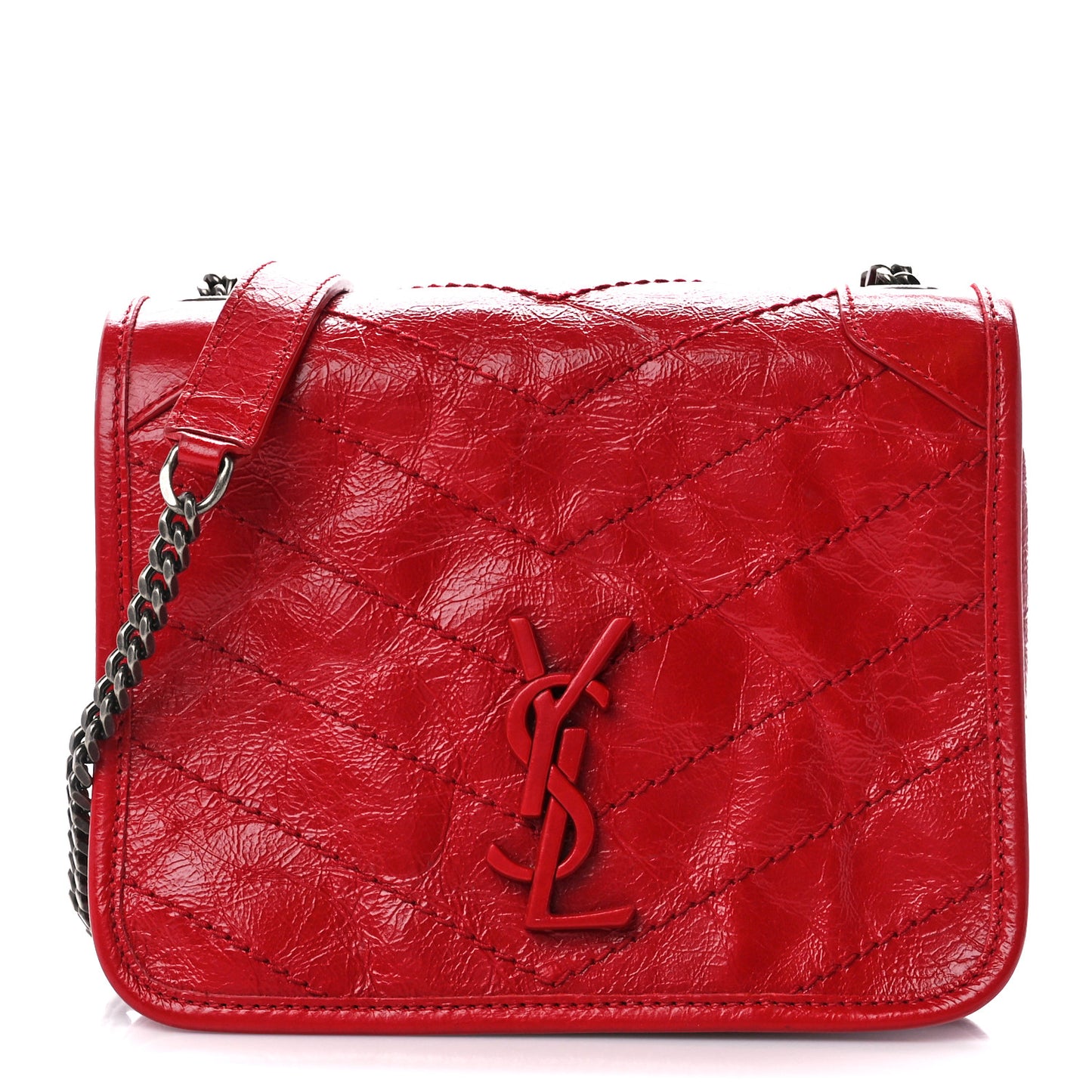 Crinkled Calfskin Matelasse Monogram Niki Chain Wallet Red