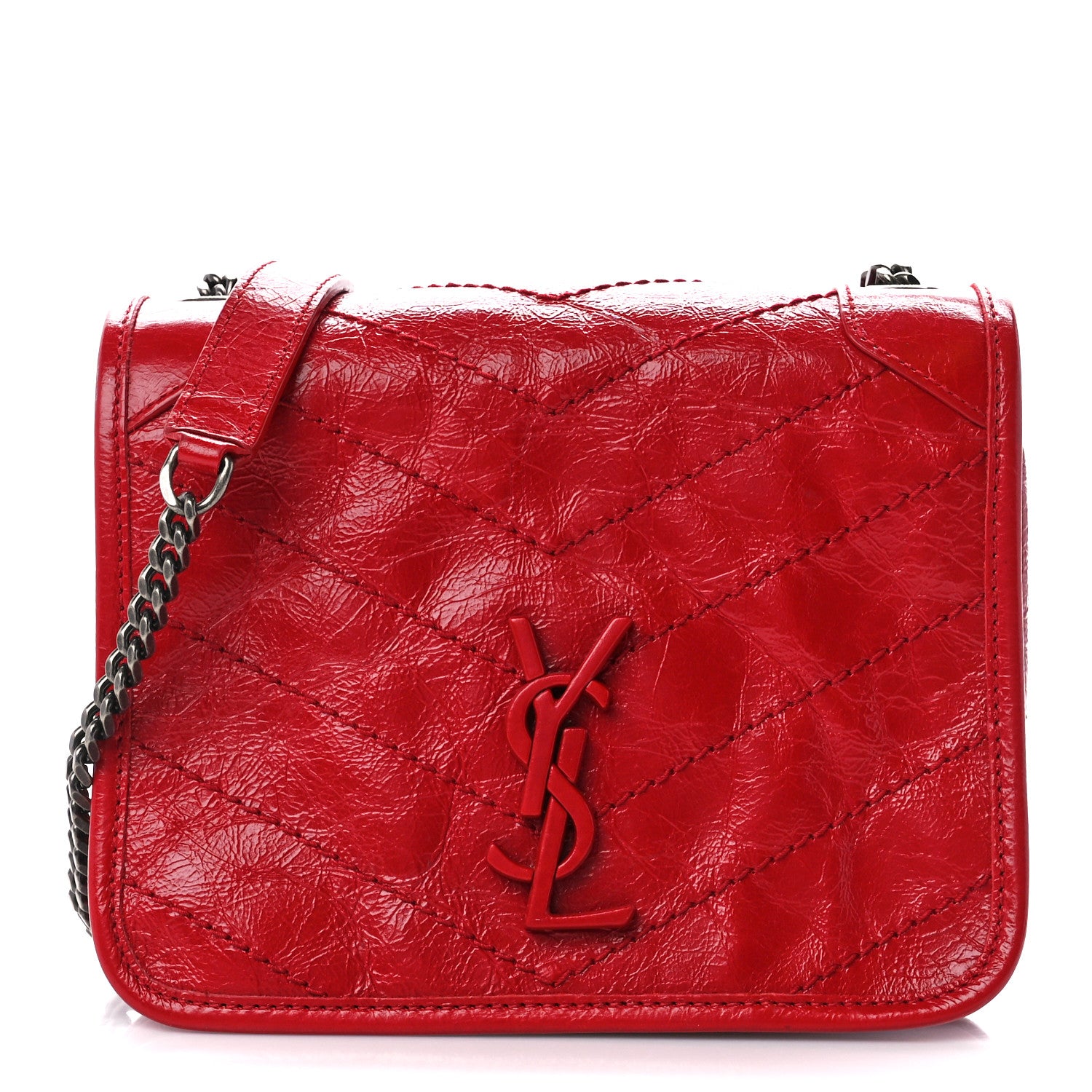 Saint Laurent Crinkled Calfskin Matelasse Monogram Niki Chain Wallet Red 1 of 10
