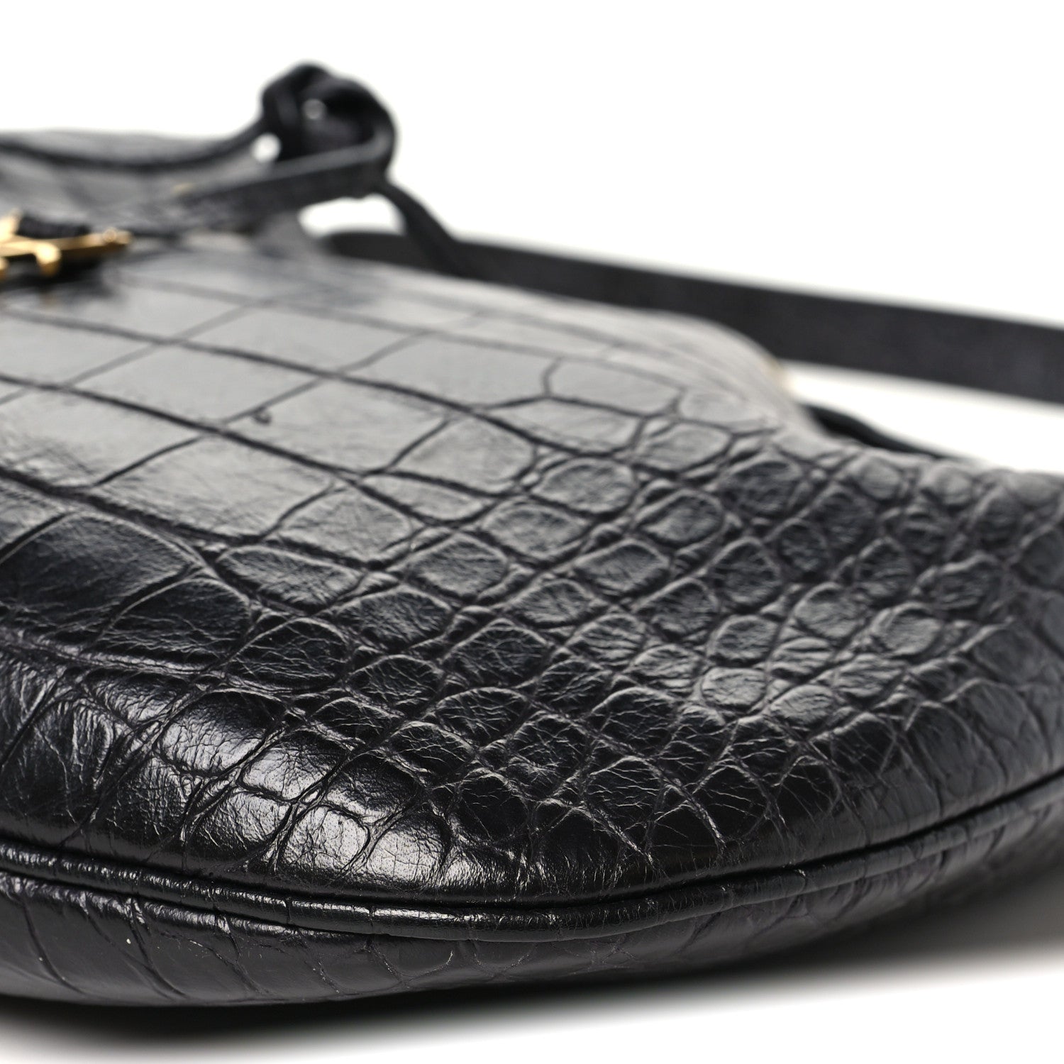 Saint Laurent Calfskin Crocodile Embossed Paris VII Large Flat Hobo Black 10 of 11