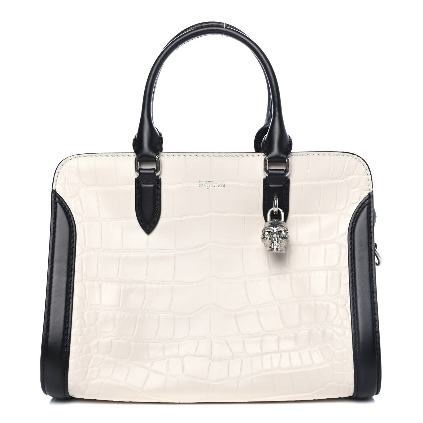Calfskin Crocodile Embossed Small Skull Padlock Zip Around Tote White Black