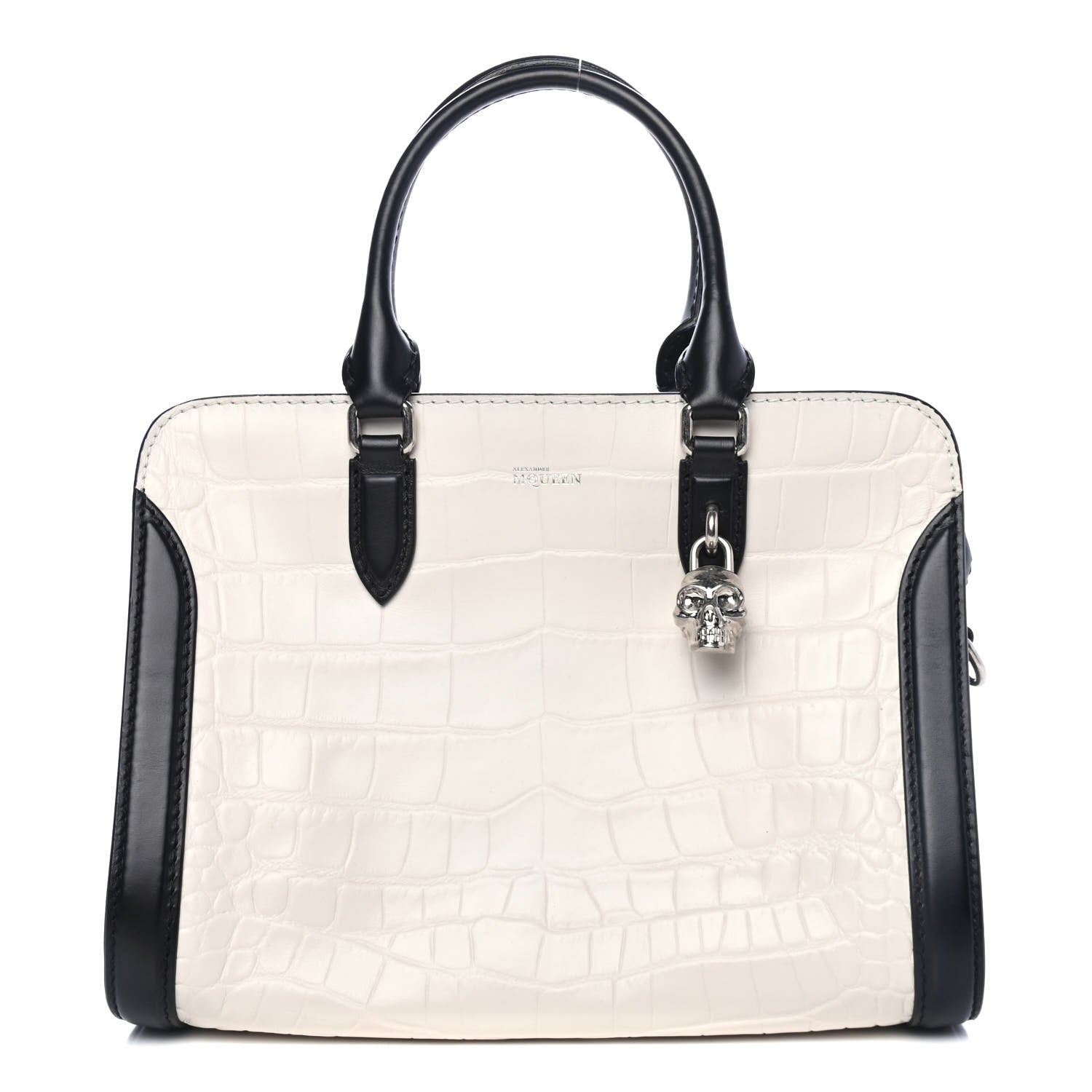 Alexander McQueen Calfskin Crocodile Embossed Small Skull Padlock Zip Around Tote White Black 1 of 4