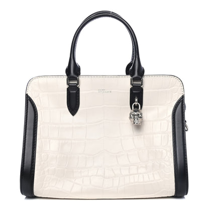 Alexander McQueen Calfskin Crocodile Embossed Small Skull Padlock Zip Around Tote White Black 1 of 4