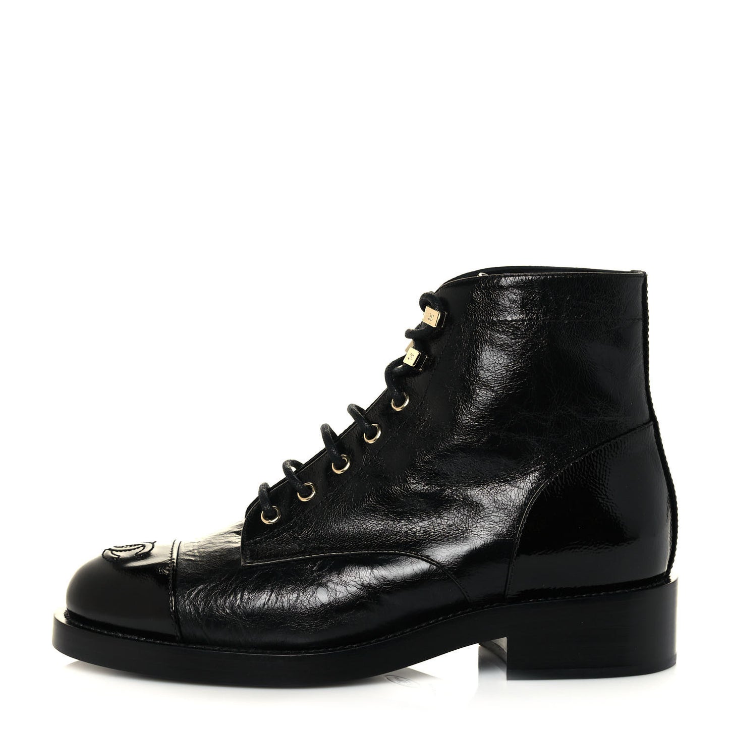 Crumpled Lambskin Shiny Calfskin Combat Boots 38.5 Black
