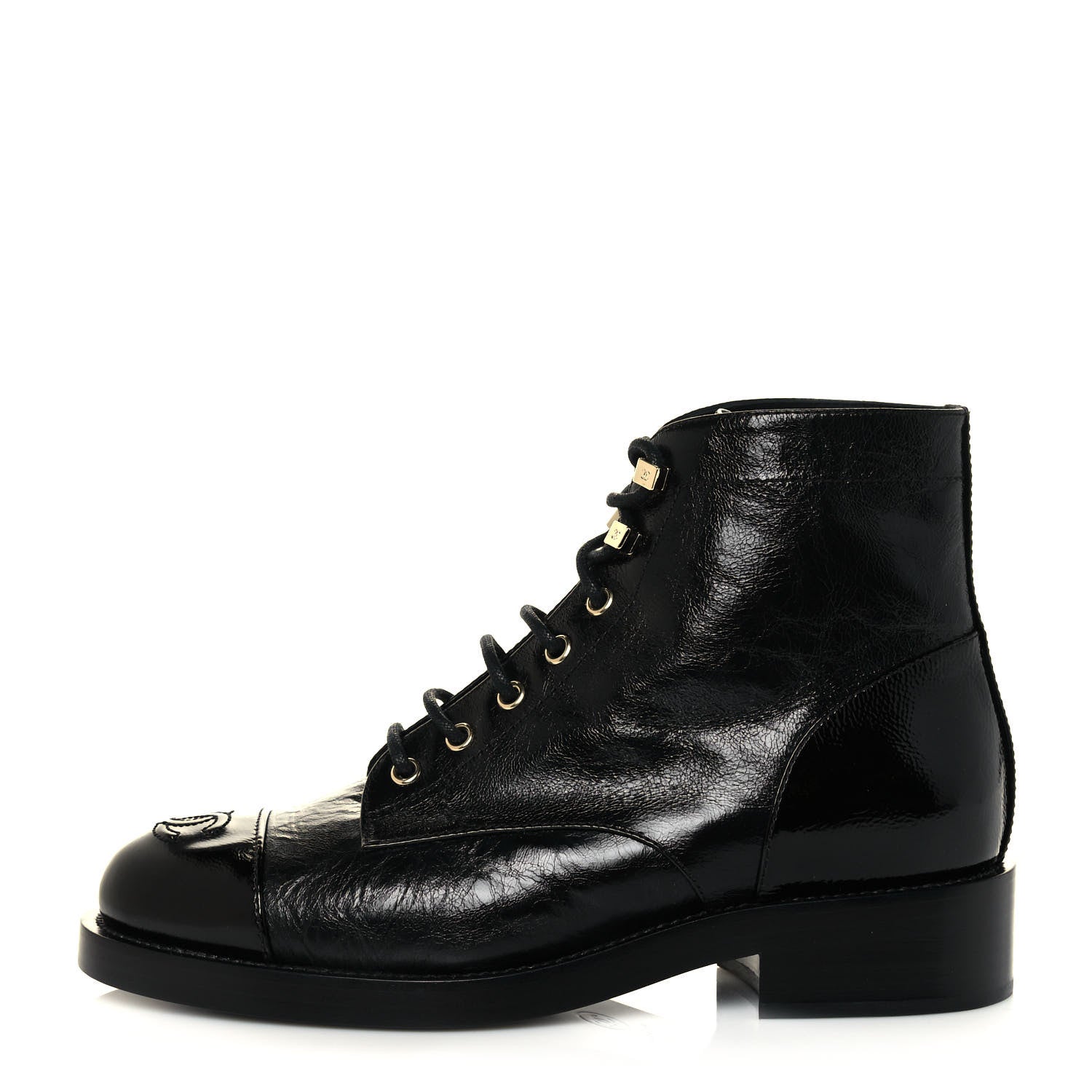 Chanel Crumpled Lambskin Shiny Calfskin Combat Boots 38.5 Black 1 of 8