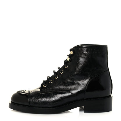 Chanel Crumpled Lambskin Shiny Calfskin Combat Boots 38.5 Black 1 of 8