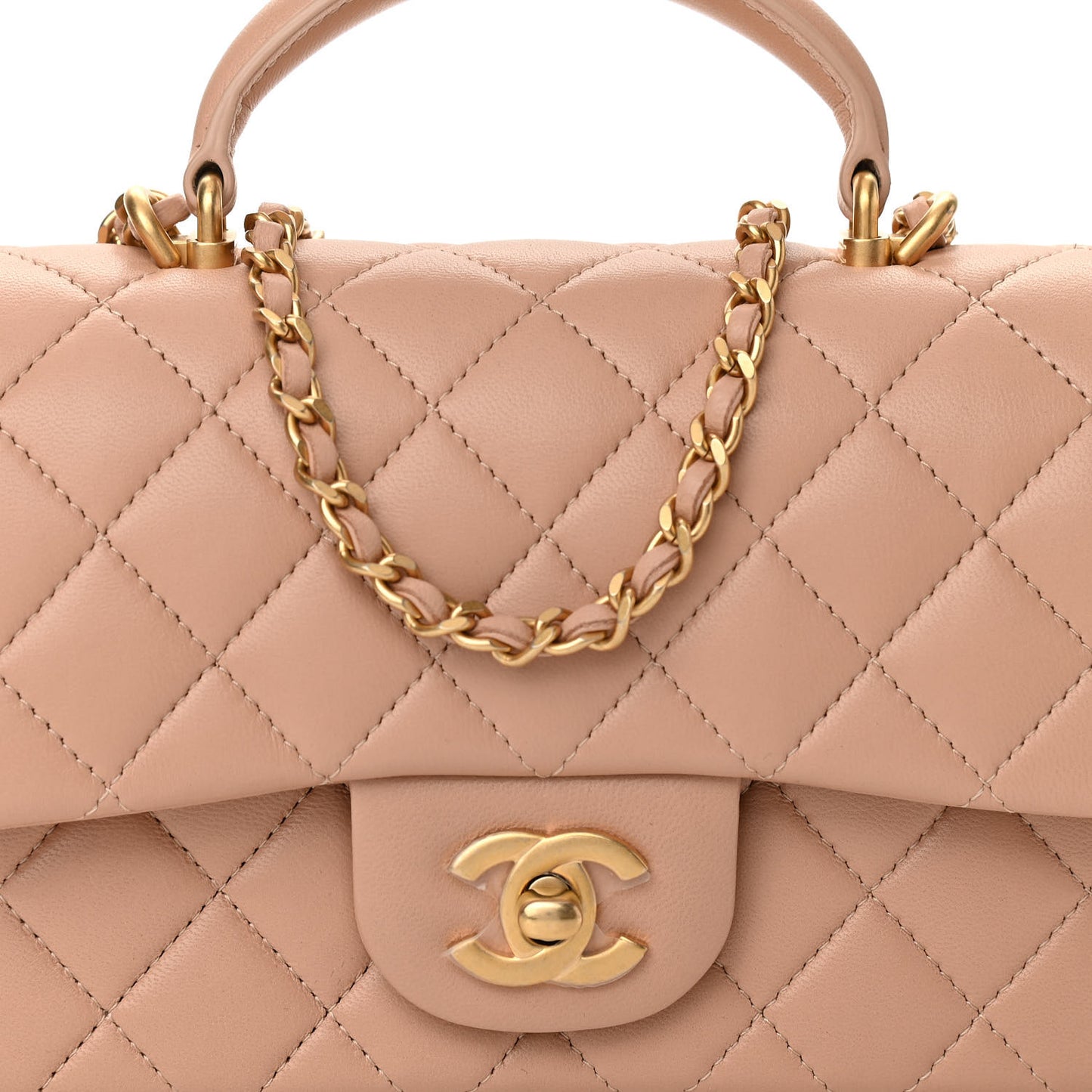 Lambskin Quilted Mini Top Handle Rectangular Flap Beige