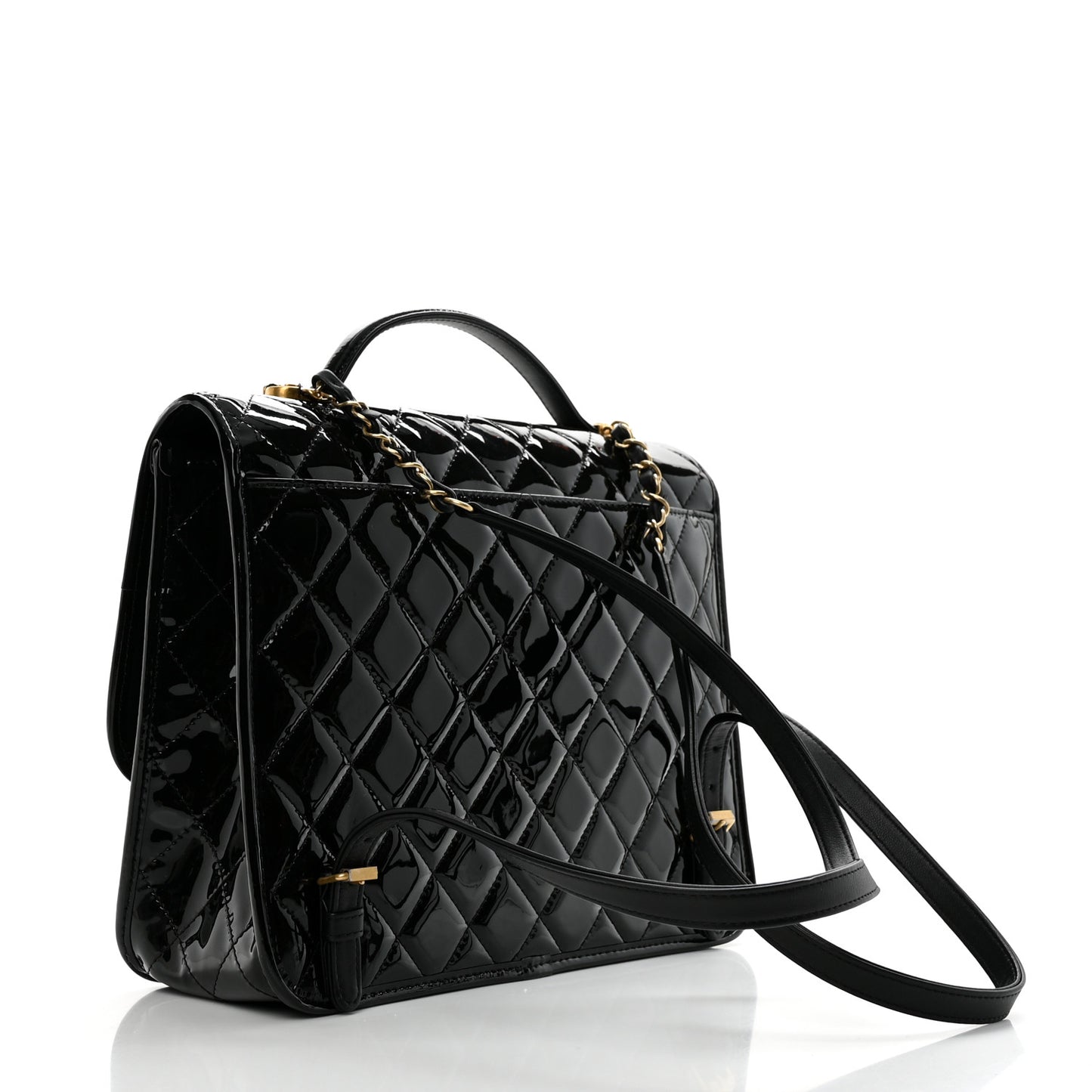 Patent Quilted Large School Memory Top Handle Flap Black