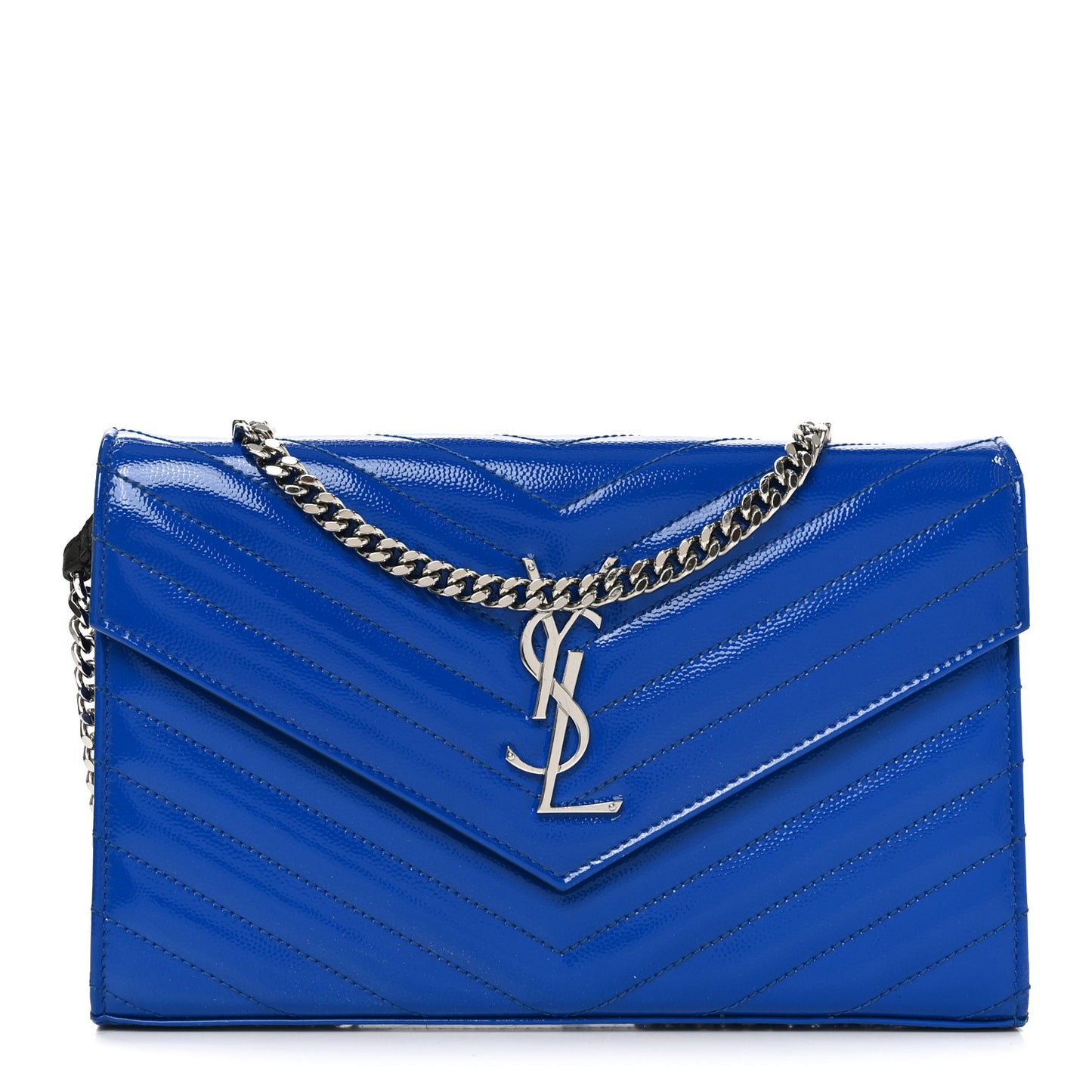 Patent Grain De Poudre Matelasse Chevron Monogram Chain Wallet Blue Majorelle
