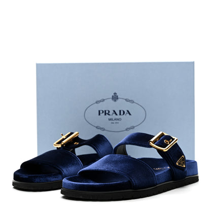 Prada Velvet Metal Triangle Logo Womens Double Buckle 20mm Slide Sandals 39 Bleu 10 of 10