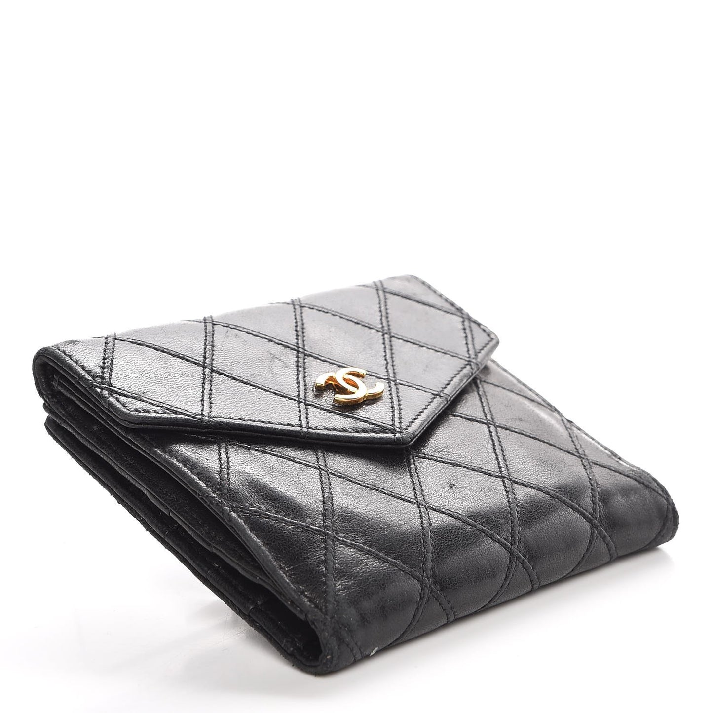 Calfskin Diamond Stitched Compact Wallet Black