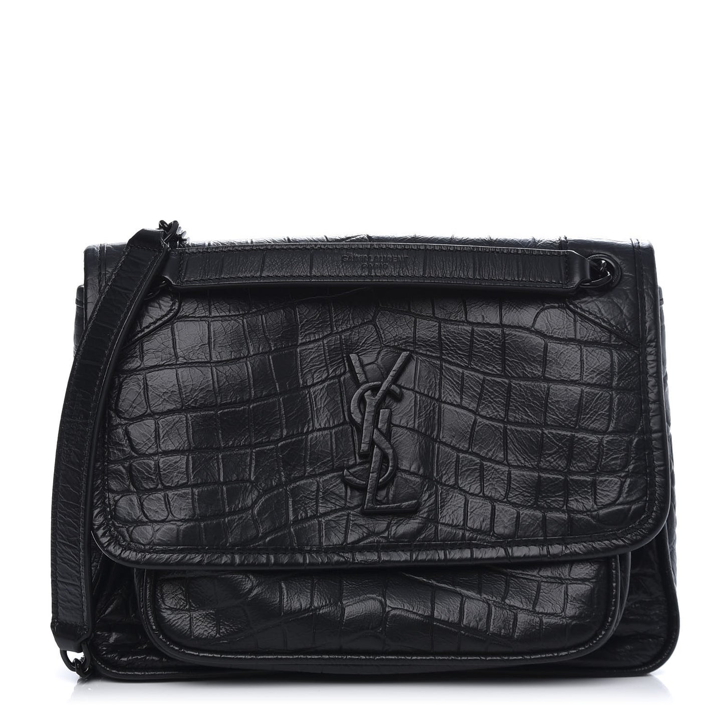 Calfskin Crocodile Embossed Matelasse Monogram Baby Niki Chain Satchel Black