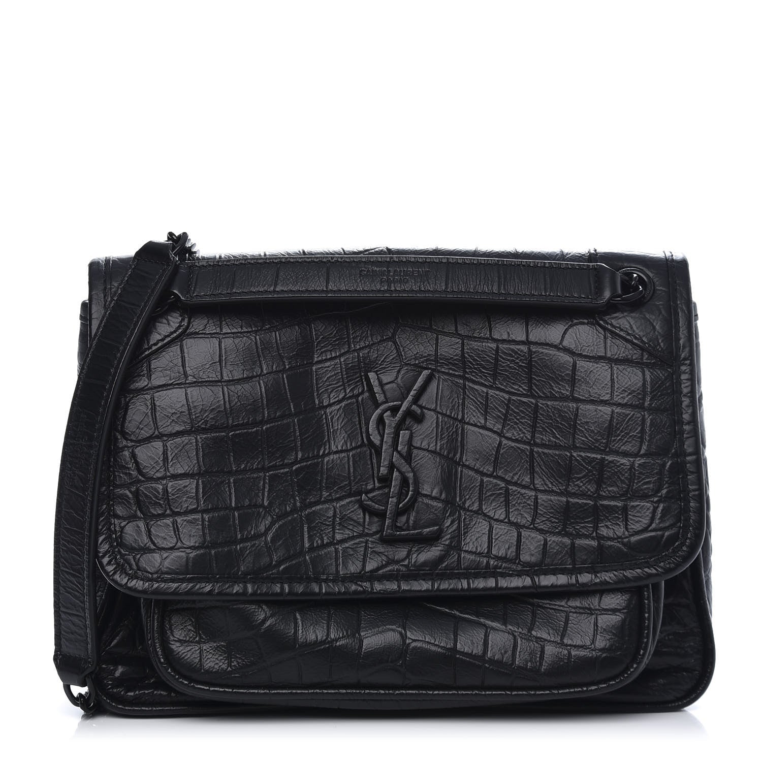 Saint Laurent Calfskin Crocodile Embossed Matelasse Monogram Baby Niki Chain Satchel Black 1 of 10