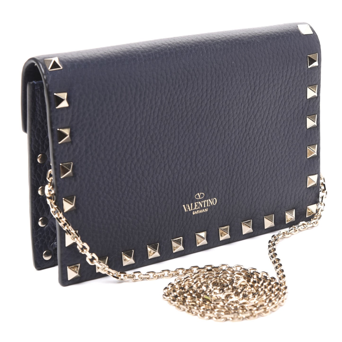Pebbled Calfskin Rockstud Envelope Wallet on Chain Indigo