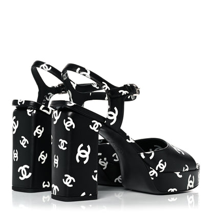 Chanel Printed Lambskin Coco Beach Platform Sandals 39 Black White 4 of 12