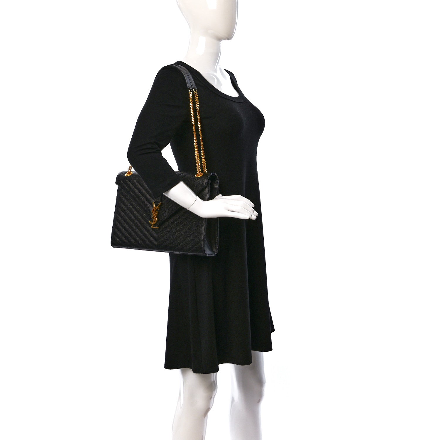 Saint Laurent Grain De Poudre Matelasse Chevron Large Monogram Satchel Black 3 of 9