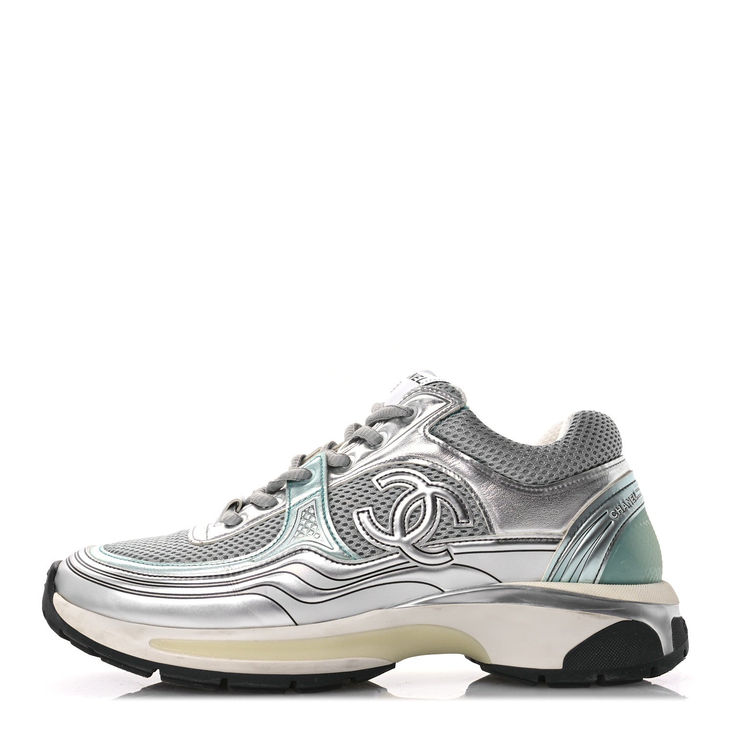Chanel Fabric Laminated Calfskin Stretch CC Sneakers 40 Green Silver 1 of 9