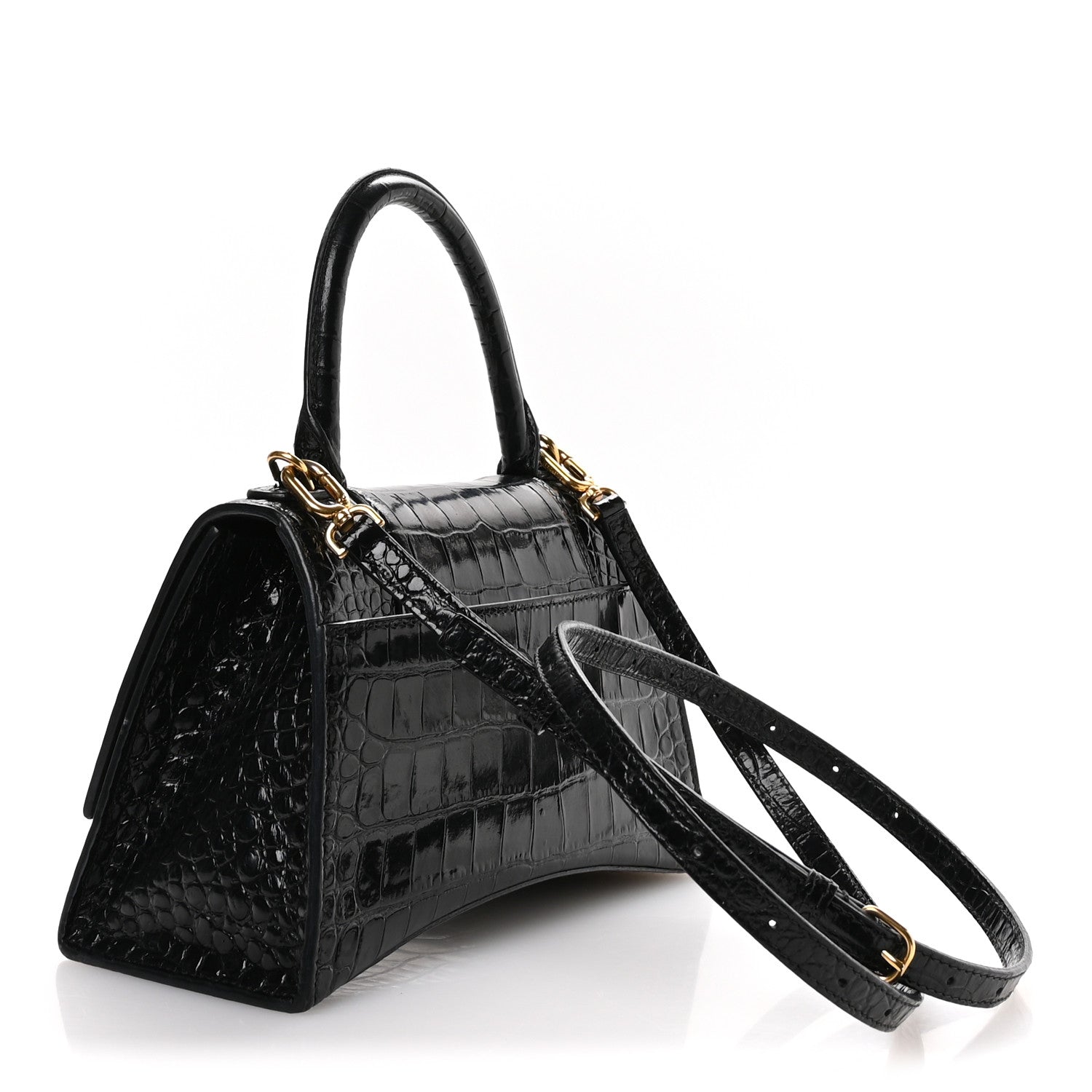 Balenciaga Shiny Calfskin Crocodile Embossed Small Hourglass Top Handle Bag Black 3 of 12