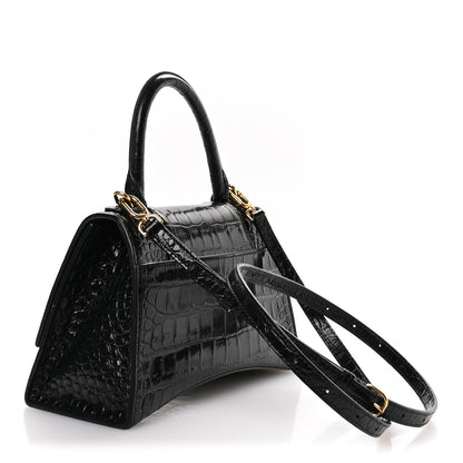 Balenciaga Shiny Calfskin Crocodile Embossed Small Hourglass Top Handle Bag Black 3 of 12