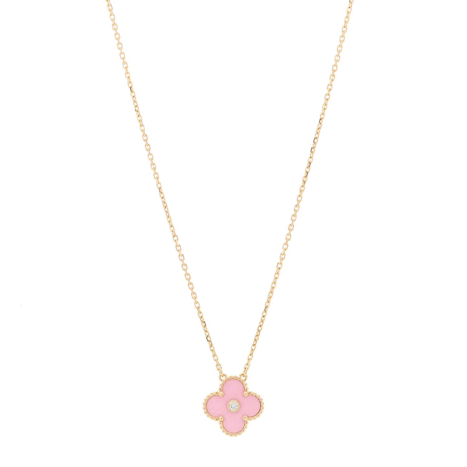 Van Cleef & Arpels 18K Rose Gold Diamond Pink Porcelain Vintage Alhambra Pendant Necklace 1 of 4