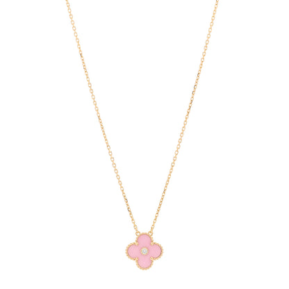 Van Cleef & Arpels 18K Rose Gold Diamond Pink Porcelain Vintage Alhambra Pendant Necklace 1 of 4