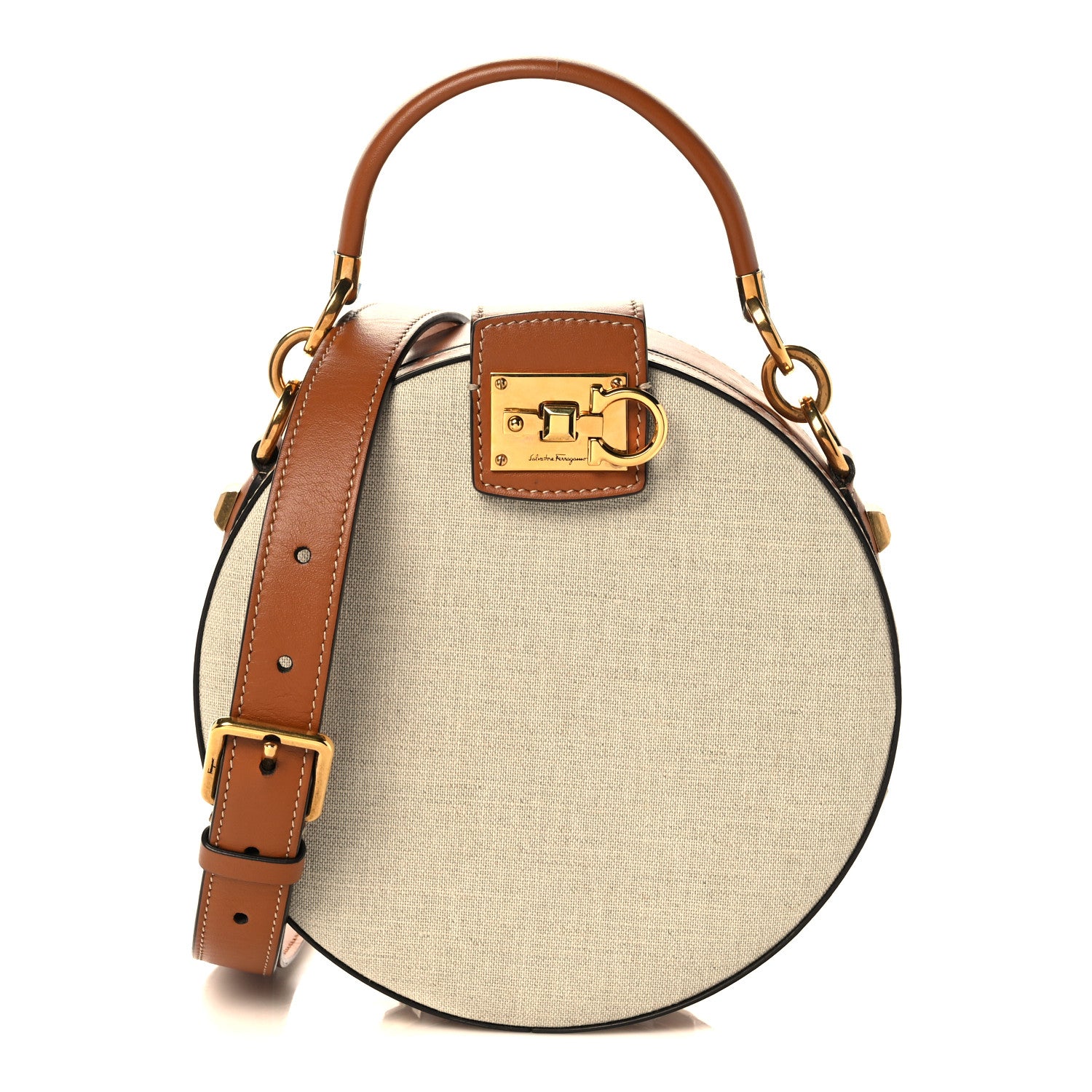 Salvatore Ferragamo Calfskin Canvas The Studio Round Crossbody Tan 1 of 12