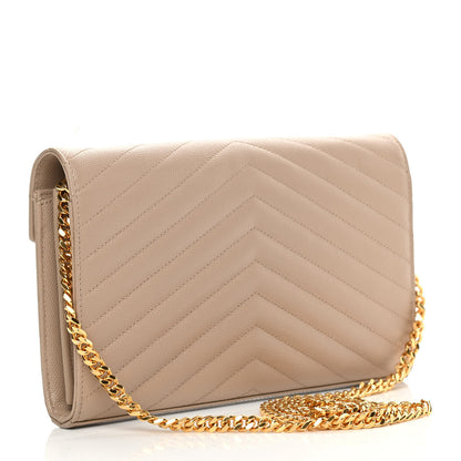 Saint Laurent Grain De Poudre Matelasse Chevron Monogram Chain Wallet Dark Beige 2 of 11