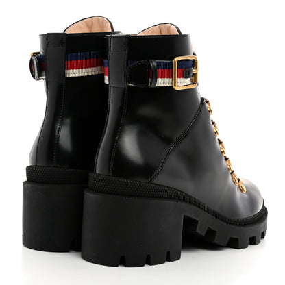Gucci Calfskin Sylvie Web Womens Lace Up Combat Boots 35.5 Black 4 of 8