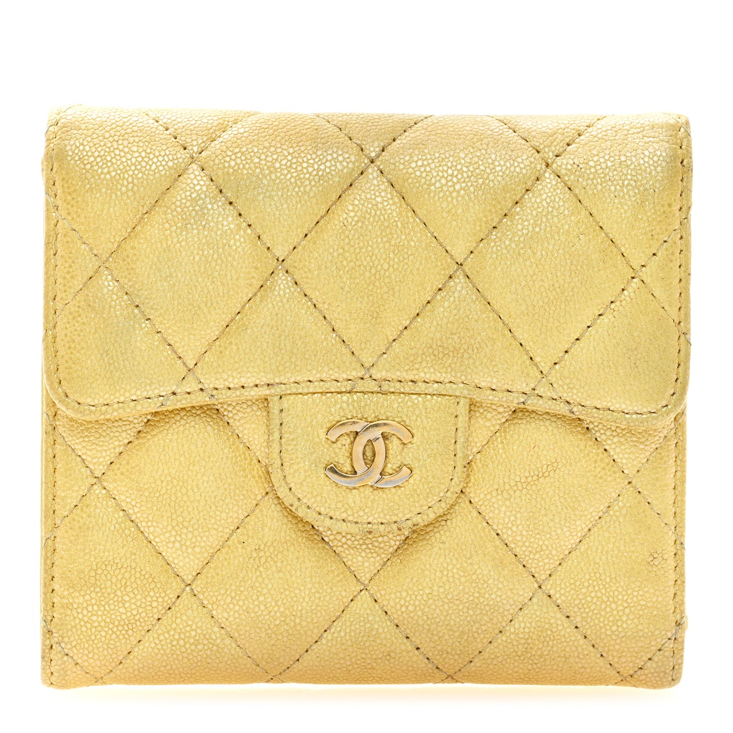 Iridescent Caviar Quilted Compact Flap Wallet Yellow