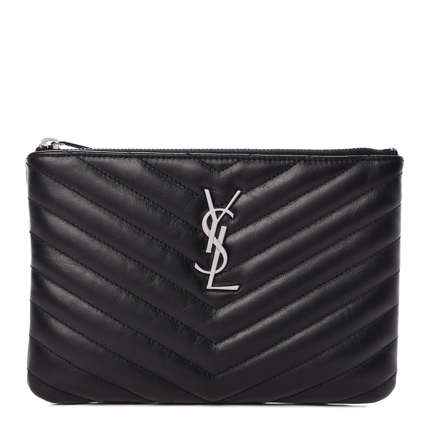 Saint Laurent Calfskin Matelasse Chevron Monogram Pouch Black 1 of 9
