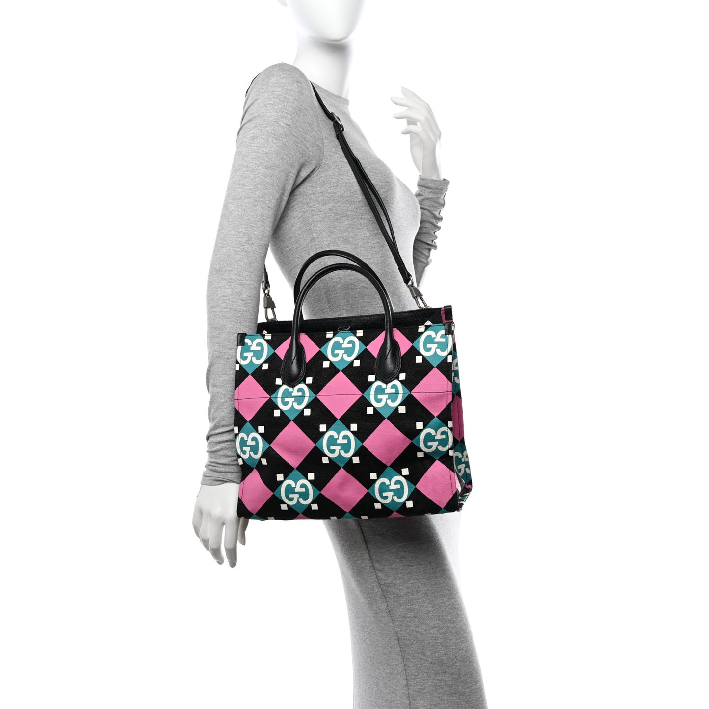 Canvas GG Geometric Print Tote Bag Black Multicolor