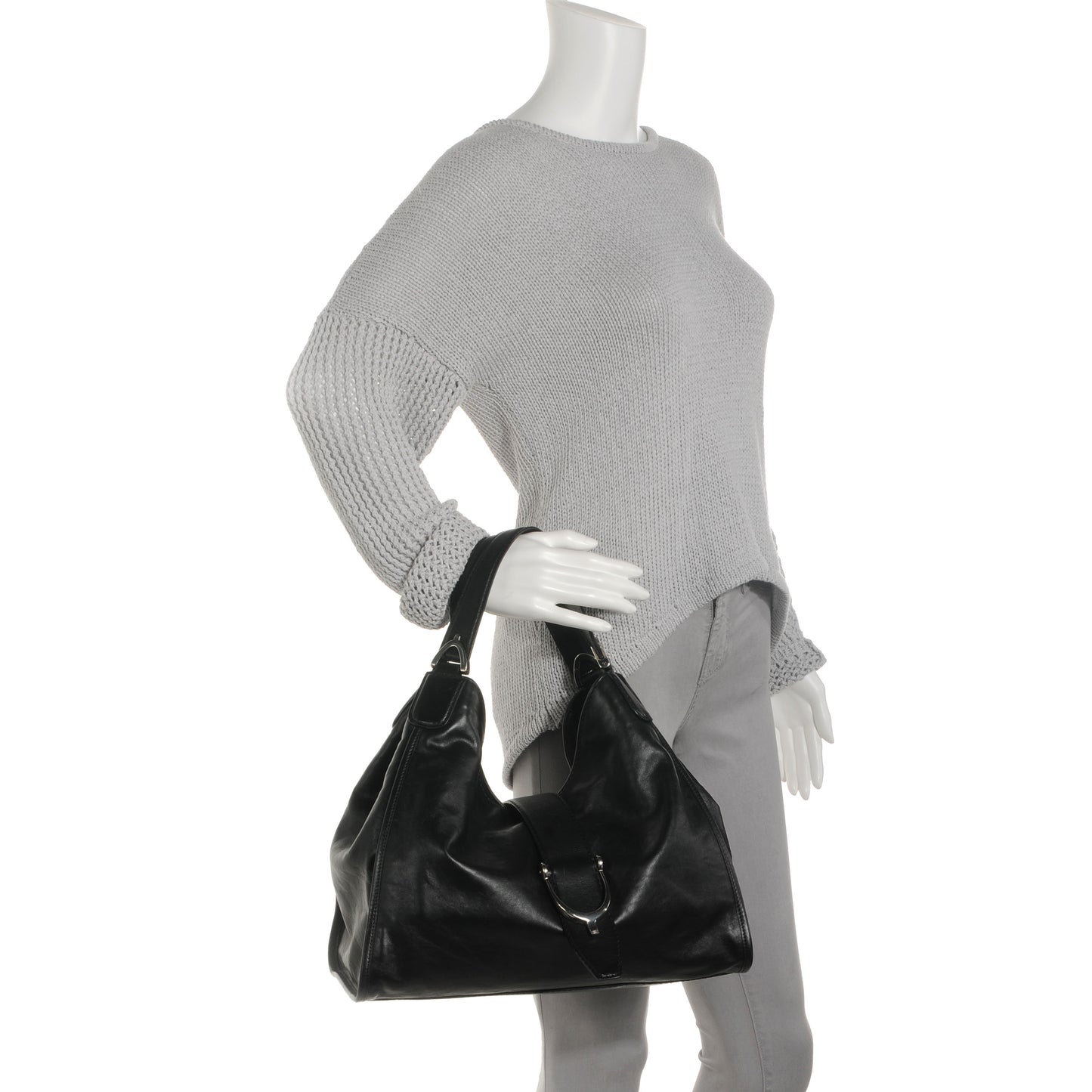 Washed Leather Medium Soft Stirrup Top Handle Bag Black