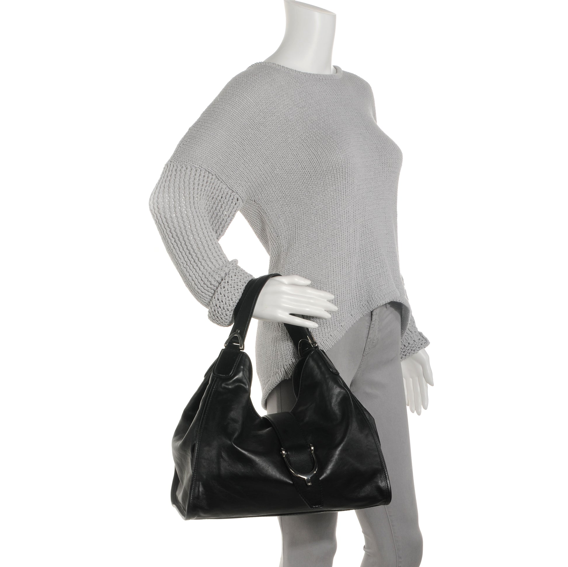 Gucci Washed Leather Medium Soft Stirrup Top Handle Bag Black 2 of 7