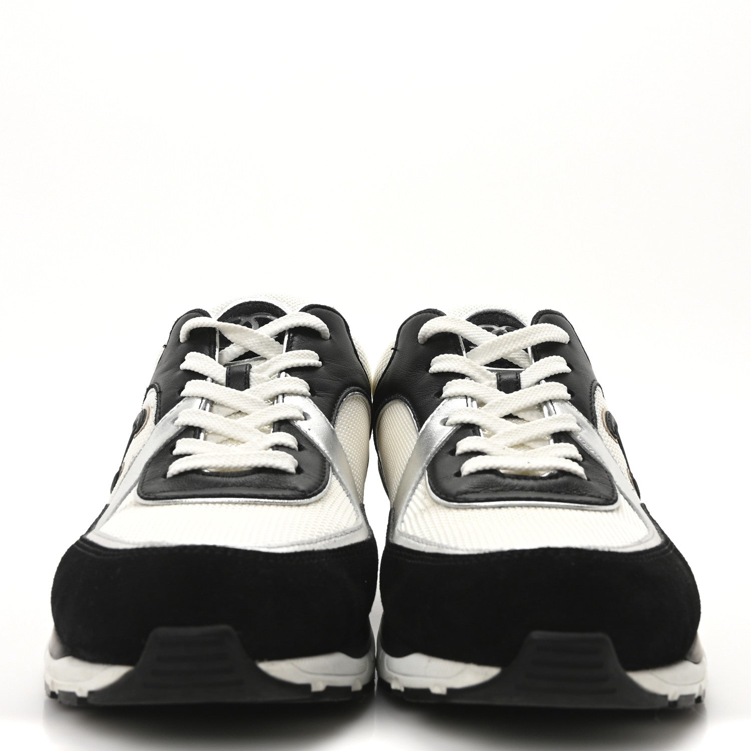 Chanel Mesh Suede Calfskin Grained Calfskin Womens CC Sneakers 40 Black White Silver 5 of 18