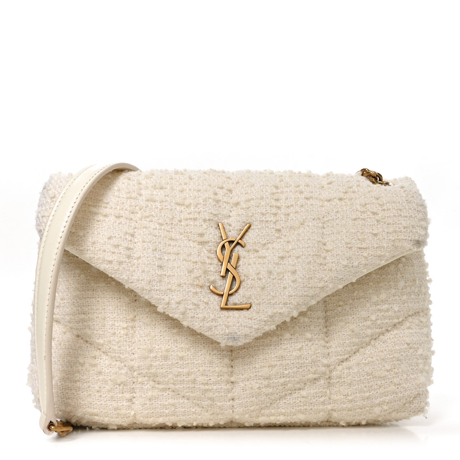Saint Laurent Boucle Tweed Quilted Toy Loulou Puffer Monogram Chain Satchel Craie 1 of 10